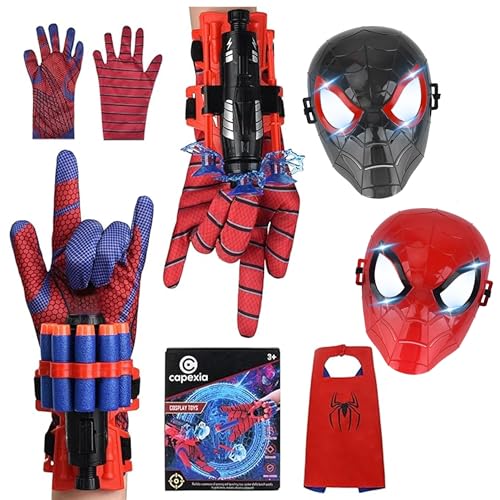 Superhero Web-Slinging Toy Set – Includes 2 Web Shooters, 2 Hero Masks, 2 Gloves, and 1 Cape – Ideal for Indoor and Outdoor Costume Role-Playing, Imaginative Play for Kids Ages 3+