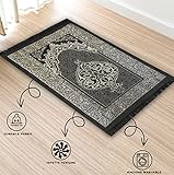 Kapobia Muslim Prayer Rug Prayer Beads Kufi Hat for Men and Women 100% Breathable Black Skull Beanie Traditional Desing Prayer Mat Eid Ramadan Gifts Islamic Set Salah Mat Taffeta Fabric Soft (Black)