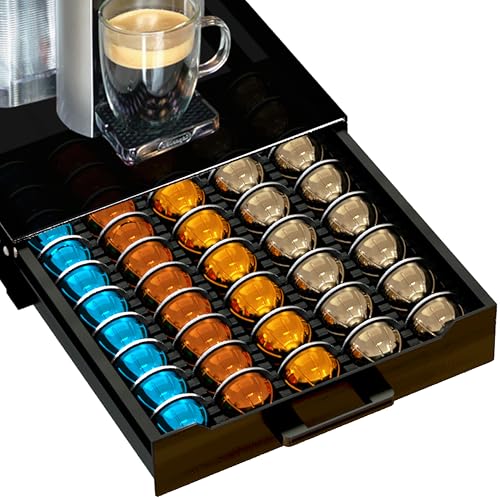 Coffee Pod Holder Drawer Organizer with Deluxe Black Tempered Glass Top, Compatible for Nespresso Vertuo Pods, Holds up to 75 Small or 50 Big Vertuo Pods Compact Design (Piano Black)