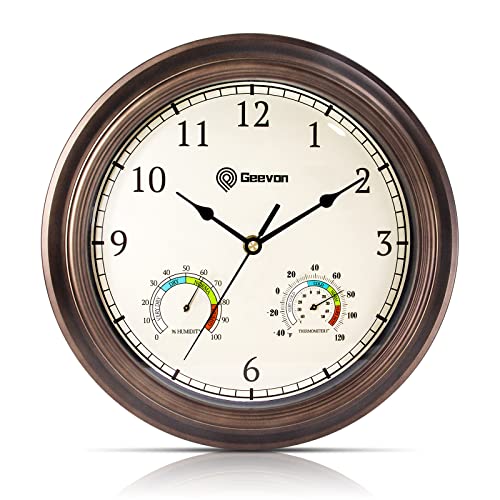 Geevon 12" Vintage Wall Clock Non Ticking with Hygrometer and Thermometer Combo,Battery Operated Quartz Decorative Wall Clocks for Home,Living Room,Office,Classroom,Kitchen,Bedroom Decor