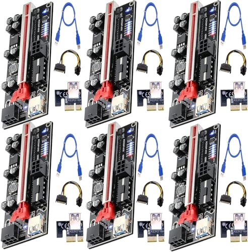 6 Pack PCIe Riser 1x to 16x, GPU Mining Card Powered Adapter VER010S PCI-E Extension Cable With LED & Triple Power Supply - Extender for ETH Mining