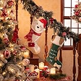 Valery Madelyn Christmas Stockings Decorations, 21 Inch Fabric Green Good Dog Cute Plush Personalized Fireplace Hanging Ornament for Holiday Xmas Party Decor