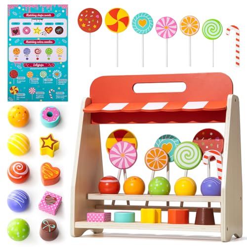 Wooden Candies and Lollypops Food Toy with Stand, Educational Toys for 2-7 Years Old Girls and Boys, Dessert Play Food Set for Toddlers, Sweets Pretend Play Kitchen, Color and Shape Recognition