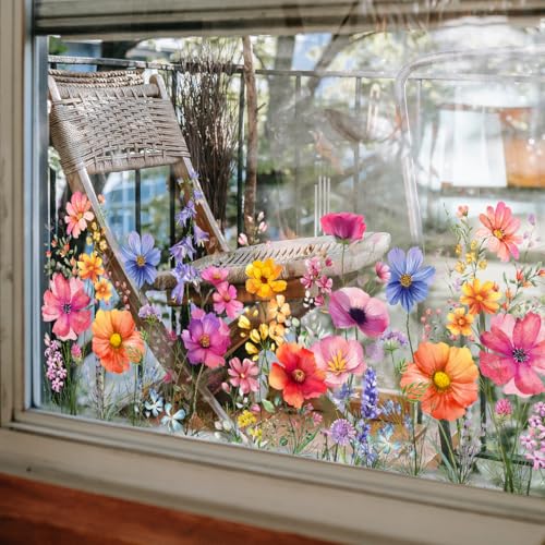 LOONELO Flower Garden Window Stickers, Wildflower Grass Wall Decals, Lily Peony Poppy Floral Window Stickers for Bedroom Living Room TV Office Decor Home Decoration