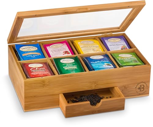 Bamboo Tea Bag Organizer Storage Box with Drawer & Acrylic Window - Magnetic Lid Keeps Contents Fresh - Ideal Mothers Day Gifts for Mom - Gift Caddy (Tea Not Included)