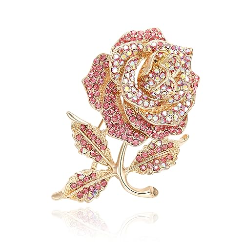 Pink Rose Brooches Pins for Women Girls Gold Flower Valentine Statement Fashion Jewelry