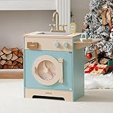 ROBUD Wooden Laundry Playset, Washer and Dryer Set for Kids, Realistic Pretend Play Washing Machine with Basket, Iron, Soap, Bleach, Laundry Detergent, Gift for Boys & Girls, Ages 3+