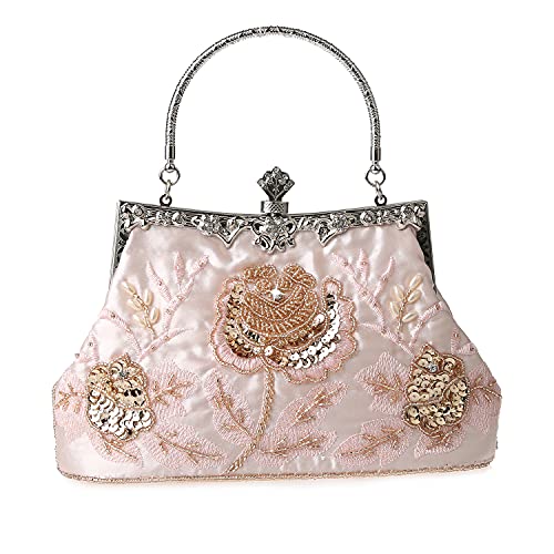 GUOZI Vintage Floral Beaded Rhinestone Embroidery Clutch Sequin Wedding Party Prom Bag Crossbody Evening Handbag for Bridal Ladies (Pink)