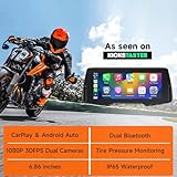 Spedal CL876 Motorcycle CarPlay with Dash Cam Front and Rear, 6.86 Inch CarPlay ＆ Android Auto Screen, 1080P Dual Cameras, TPMS, Siri Voice Control (64G TF Card Include)