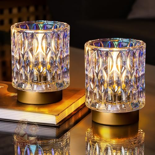 Battery Operated Table Lamps Timer, Mini Crystal Lamp for Area No Plug, Cordless Lamp with LED Bulb for Power Outage, Decorative Lamps for Tabletop/Corner/Entryway/Stairway/Bathroom/Fireplace(2*PEARL)