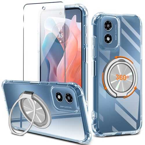 for Motorola Moto G Play 4G 2024 Phone Case with Glass Screen Protector 360° Rotatable Ring Holder Kickstand [Non Yellowing] Transparent 4 Corners Shockproof Protective Phone Cover Case - Clear