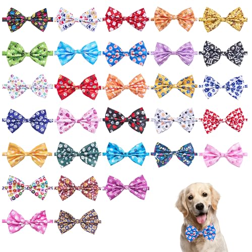 Pai Sence Paw Print Dog Bow Ties Bulk 30 Pcs Adjustable Dogs Bowties for Large Dogs Bow Ties Pet Party Grooming L