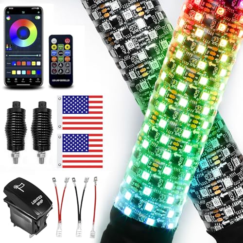 VI9000 2 Pack 3FT Fat LED Lights with App & Remote Control, Spiral RGB Chasing Antenna Whips for SXS UTV ATV RZR, Can-Am X3 Off-Road