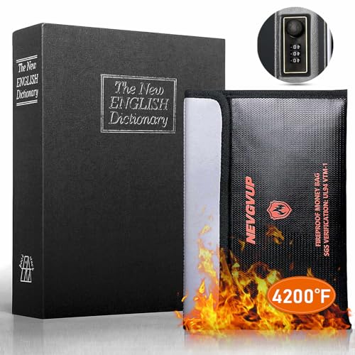 Diversion Book Safe with 4200°F Fireproof Money Bag and Combination Lock, 10.5" x 7.9" x 2.5" Fake Book Hidden Storage Safe, Hollow Secret Portable Metal Storage Box for Cash, Valuables - Black