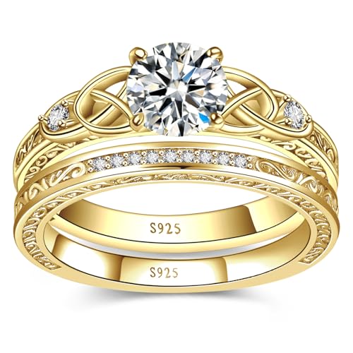 Vintage Celtic Knot Gold Wedding Ring Set for Women Gold Fake Engagement Ring Sterling Silver Bridal Ring Sets for Women Cubic Zirconia Engagement Ring Cubic Zirconia Ring Sets Size 9