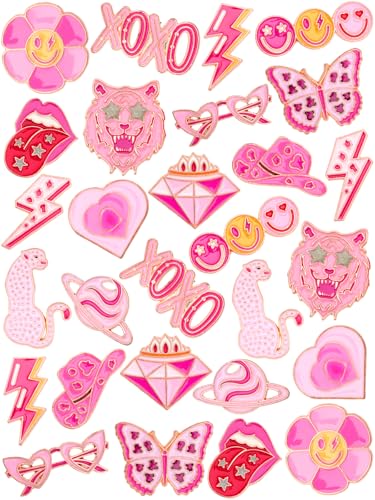 JUNEBRUSHS 28pcs Girl Pink Power Brooch Pins Pink Ribbon Lapel Pins for Women Girl Power Clothes Preppy Decorations Accessories