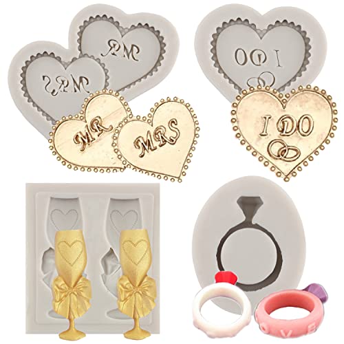 Sijiangmold Heart Fondant Molds MR MRS I DO Silicone Cake Decorating Mold Champagne Wine Glass Ring Mold For Wedding Party Cake Decorating Chocolate Candy Cupcake Topper Polymer Clay Set Of 4