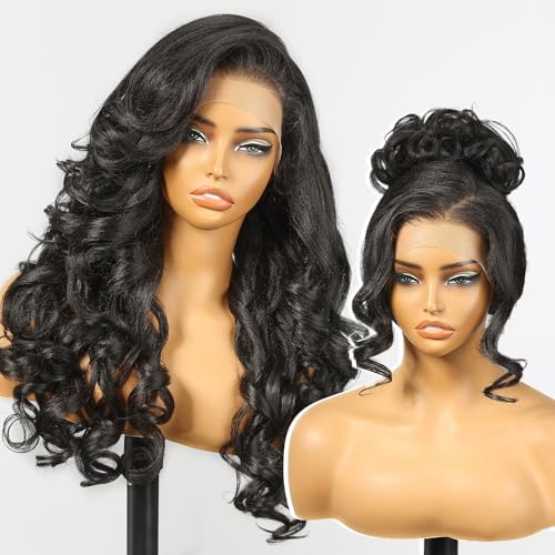 KOME Black Synthetic Lace Front Wig,13×6 latisha Curly Pre Plucked Glueless Wigs for Women Daily Use 24IN