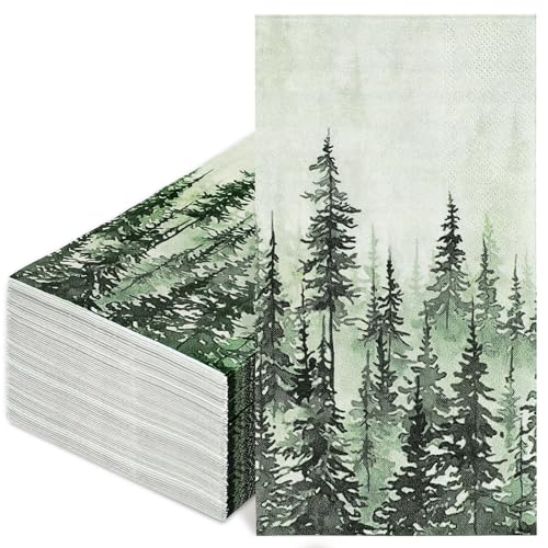 JarThenaAMCS 100Pcs Green Misty Forest Guest Napkin Woodland Disposable Paper Pine Tree Dinner Hand Towel Napkin for Home Kitchen Bathroom Holiday Party Supplies