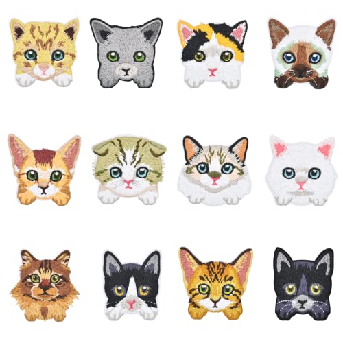 Cute Embroidered Cat Patches - 12pcs Iron On Patches for Clothes, Jackets, Backpacks - Sew On Patches - Perfect Iron On Patches for Kids - Trendy Jacket & Backpack Patches