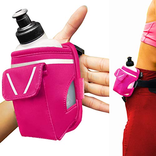 2-in-1 Running Fun Pink Handheld 12 Oz Water Bottle & Belt Add-on – Strap to Hand or Slide on Belt – Waterproof Pocket for Money, Key, ID – Maximize Your Time, Freedom & Health