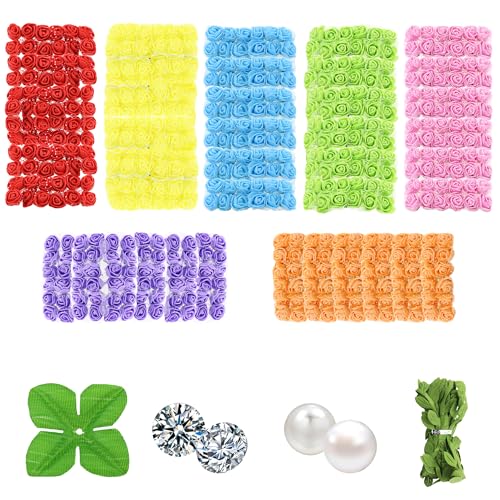 Vignor 500 Pcs 0.6 Inch Mini Artificial Flowers Head Bulk 5 in 1 Set Faux Foam Fake Small Rose Tiny Baby Flores Bouquet Wreath Gift Hair Clip Home Decoration DIY Craft (7 Colors Mixed)