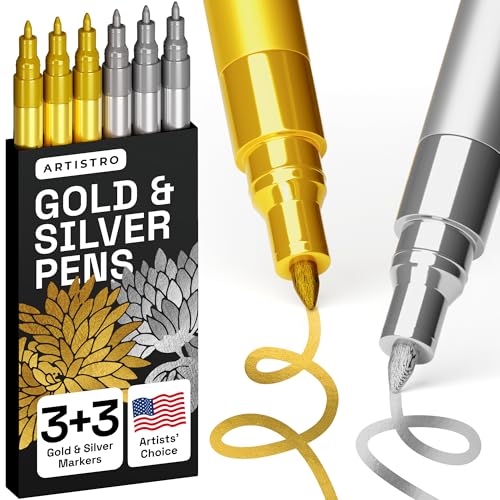 ARTISTRO 6 Acrylic Gold & Silver Paint Pens - 0.7mm Extra-Fine Markers - Great for Greeting Cards, Ornament Decor, & More