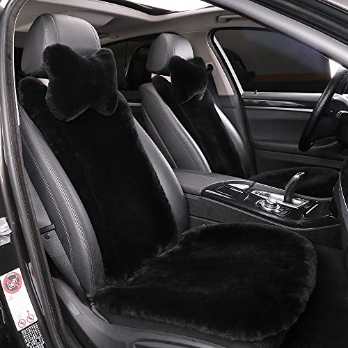 OGLAND 2 Pack Fuzzy Fluffy Fur Sheepskin Car Seat Covers for Auto Soft Cozy Wool Universal Seat Cushion Accessories Automobiles (Black)