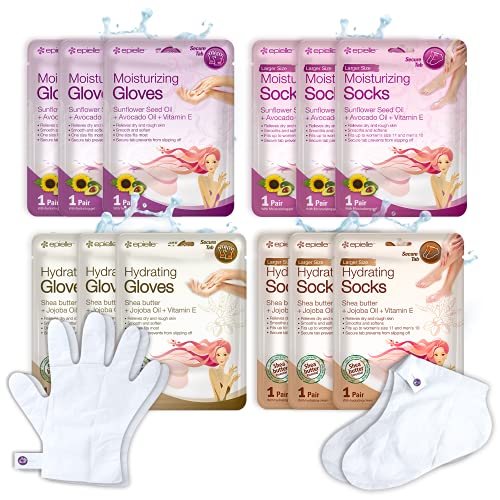 Epielle Hydrating & Moisturizing Hand & Foot Masks 12 Pairs, Relieve and Soften Dry Hands & Cracked Heels with Shea Butter & Sunflower Seed Oil, Korean Skin Care, Spa Set, Self Care Gifts for Women