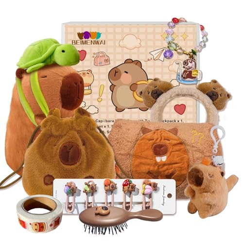 BEIMENWAI Capybara Plush Gifts for Girls 4 5 6 7 8 9 10+ Years Old, Kids Cute Capybara Toys with Stuffed Animal/Keychain/Bag/Bath Towel/Hair Pins/Bracelet/Headband, Christmas Birthday Plush Toys Set