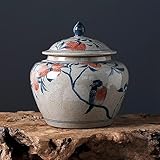 DEEDAV Traditional Ginger Jar Ceramic Ginger Jar with Lid Chinese Tradition Storage Jar Decorative Porcelain Jars Temple Jar with Lids Chinoiserie Antique, 15*15*17cm