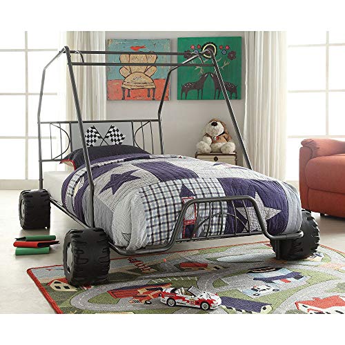 HomJoones Twin Car Bed Gunmetal Go Kart Metal Dune Buggy Frame Boys Racing Slat Style Xander Bed