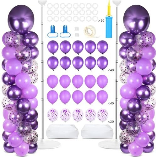 2 Sets Purple Balloon Column Stand Kit with 100 Balloons Lavender Adjustable Balloon Tower Stand with Bases for Floor Purple Confetti Balloon Column Kit for Christmas Birthday Holiday New Year