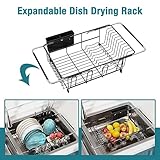 JASIWAY Dish Drying Rack in Sink- Over The Sink Colander Strainer Basket, Stainless Steel Strainer Basket with Expandable Rubber Grip Handles for Vegetables, Fruits, Home Kitchen Essentials, Black