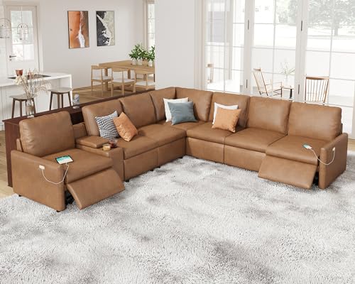 AMERLIFE Reclining Sectional Sofa, Power Recliner with Console& Dual Recliner, 7 Seats L Shaped Recliner Sofa with Cup Holder& Charging Port, Leather Modular Couch for Living Room