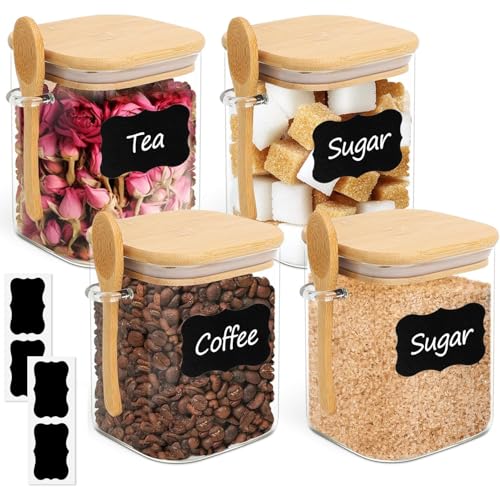 ComSaf 27oz Glass Jars with Bamboo Lids & Spoons Set of 4, Square Glass Containers with Lids, Sugar Coffee Containers Salt Spice Jars, Pantry Storage Container for Loose Tea, Candy, Brown Sugar, Nuts