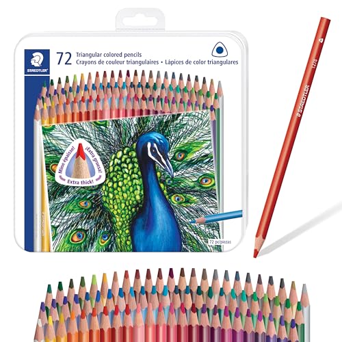 STAEDTLER Colored Pencils Set (72-Pack) - Ergonomic Triangular Barrel, Smooth 4mm Lines, Wood - 72 Vibrant Colors in Tin, for Artists & Students
