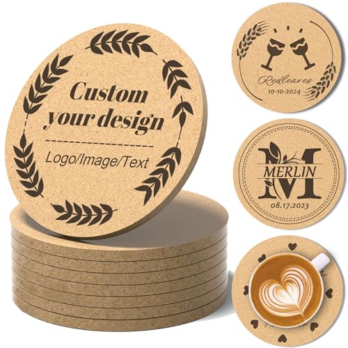 30-100Pcs Personalized Coasters, Custom Cork Drink Coasters with Laser Engraved Text Name Logo, Non-Slip, Heat-Resistant, Custom Wedding, Anniversary, Housewarming Gifts (Regular Version)