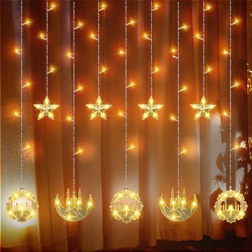 Riakrum 2 Pack Eid Mubarak Fairy Curtain Lights 9.84 ft Star Moon Castle Lights LED Window Star Lights for Ramadan Home Decoration Gifts Wedding Christmas Eid Party Indoor Holiday