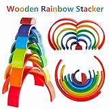 MERRYHEART Wooden Rainbow Stacking Toy - 12 Piece Wooden Rainbow Stacker, Extra Large Wooden Stacking Rainbow, Nesting Puzzle Building Blocks Educational Toys for Kids Toddlers (Rainbow Stacker)