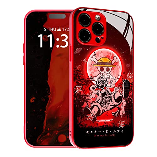 HEMINJYJEF Japanese Anime Anti-Drop Color Soft Silicone Protective Shell Manga Pattern Tempered Glass Covers Multicolor Phone Cases (Red, Gear 5 Nika Joy Boy, for iPhone 13)