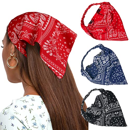 AWAYTR Elastic Hair Scarf Headband 3 PCS Head Scarves with Hair Clips Kerchief Hair Bandanas Headband for Women (Cashew(Black/Navy/Red))