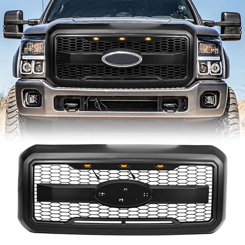 AMERICAN MODIFIED Raptor Front Grille with Amber LED Lights and Emblem Base Compatible with 2011 to 2016 Ford F250/350/450/550 Models, Matte Black