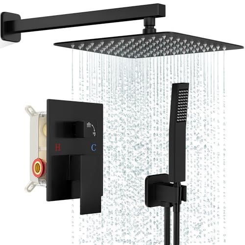 FPXRNG Black Shower Faucet Set, Rainfall Shower System with Square Shower Head and Handle Set, Wall Mounted Shower Fixtures, Full Metal Trim Repair Kit 12 inch Matte Black (With Shower Valve)