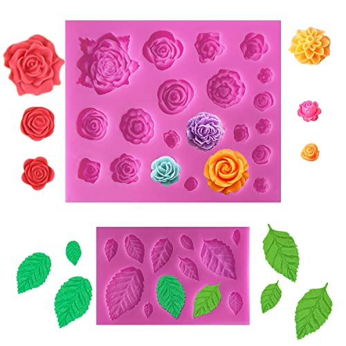 SIENON 33 Cavity Rose Flowers and Leaves Fondant Candy Silicone Molds For Sugarcraft, Cupcake Toppers, Soap, Polymer Clay,Crafting Projects，Wedding and Birthday Cake Decoration