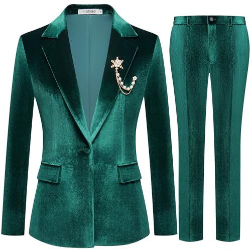 Kelyaa Women's 2 Piece Velvet Suit Notch Lapel One Button Slim Fit Business Party Wedding Tuxedo Blazer Pants Set Dark Green