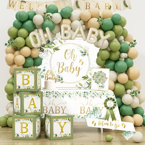 HYCSANBAO Sage Green Baby Shower Decorations, Gender Neutral Baby Shower Decorations, Greenery Baby Shower Party Supplies, Oh Baby Backdrop Tablecloth Balloon Garland BABY Box Welcome Baby Banner