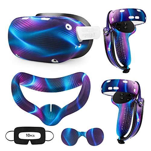 Relohas Accessories for Oculus Quest 2, VR Accessory Set for Meta Quest 2, Include Controller Grip Leather Cover, VR Shell Cover, Face Cover, The Best Gifts for Christmas and Halloween(Aurora Blue)