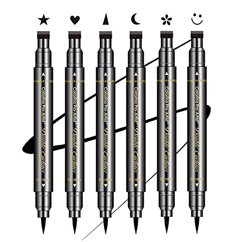SUMEITANG 6 Pcs Double-headed Eyeliner Stamps Set Black Liquid Eye Liner Pen With Star,Moon,Heart,Flower,Smiley,Triangle Stamp Stencils Shapes for Women Makeup Kit Long-Lasting Waterproof Smudgeproof