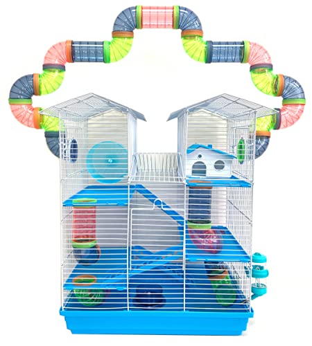 5-Level Large Crossover Twin Towner Tube Tunnel Habitat Hamster Rodent Gerbil Mouse Mice Rat Cage (Blue)
